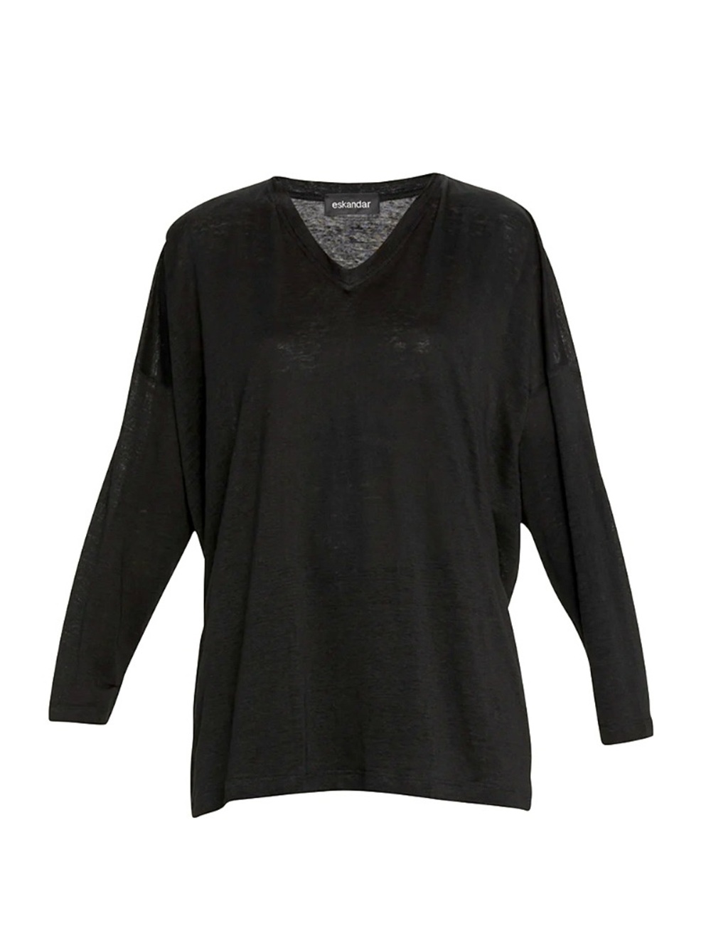 ESKANDAR V-Neck Linen Long Sleeve T-Shirt in Black